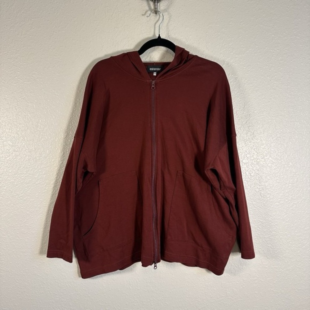 Eskandar Hoodie O/S Brick Red Pima Angle to Front Full Zip Lagenlook Casual‎